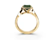 Halo Engagement Ring Setting for Fancy Green Asscher Cut Center with Narrow Pave Split Shank and Prong Head in Yellow Gold