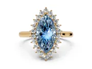 Starburst Halo Engagement Ring Setting for Fancy Blue Marquise Center with Thin Round-Wire Band and Prong Head in Yellow Gold