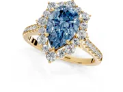 Halo Engagement Ring Setting for Fancy Blue Pear-Shaped Center with Single-Row Pave, Open Basket and Prong Head in Yellow Gold