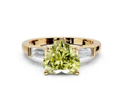 3 Stone Engagement Ring Setting for Fancy Yellow Heart-Shaped Center with Channel Baguette Accents and Prong Head in Yellow Gold