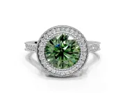 Halo Engagement Ring Setting for Fancy Green Round Cut Center with Milgrain Frame, Pave Band and Prong Head in Platinum