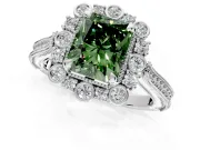 Milgrain Halo Engagement Ring Setting for Fancy Green Radiant Cut Center with Bezel Point Accents and Prong Head in White Gold