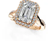 Halo Engagement Ring Setting for Emerald Cut Center with Twist Band and Prong Head in Rose Gold
