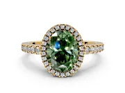 Accent Halo Engagement Ring Setting for Fancy Green Oval Center with Full-Length Pave Band and Prong Head in Yellow Gold