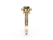 Halo Engagement Ring Setting for Fancy Green Cushion Cut Center with Outer Bezel Rim, Pave Band and Prong Head in Yellow Gold