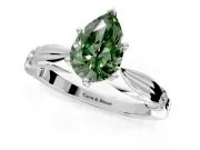 Solitaire Engagement Ring Setting for Fancy Green Pear-Shaped Center with Carved Leaf Shoulders and Prong Head in Sterling Silver