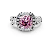 Halo Engagement Ring Setting for Fancy Pink Cushion Cut Center with Open Scroll Shoulders and Prong Head in White Gold