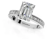 Milgrain Pave Engagement Ring Setting for Emerald Cut Center with Accent Band and Prong Head in White Gold
