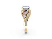 Halo Engagement Ring Setting for Fancy Blue Asscher Cut Center with Marquise and Pave Bypass Band and Prong Head in Yellow Gold