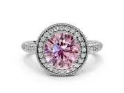 Milgrain Halo Engagement Ring Setting for Fancy Pink Round Cut Center with Three-Sided Pave Band and Prong Head in Platinum
