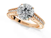 Solitaire Engagement Ring Setting for Round Cut Center with Engraved Pave Band and Prong Head in Rose Gold