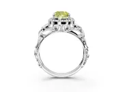 Halo Engagement Ring Setting for Fancy Yellow Cushion Cut Center with Open Scroll Shoulders and Prong Head in Sterling Silver