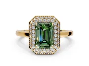 Halo Engagement Ring Setting for Fancy Green Emerald Cut Center with Plain Tapered Band and Prong Head in Yellow Gold