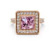 Halo Engagement Ring Setting for Fancy Pink Princess Cut Center with Milgrain Frame, Pave Band and Prong Head in Rose Gold