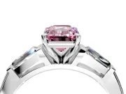 3 Stone Engagement Ring Setting for Fancy Pink Emerald Cut Center with Tapered Baguettes, Plain Band and Prong Head in Platinum