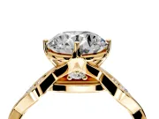 Solitaire Engagement Ring Setting for Round Cut Center with Accented Twist Band and Leaf Prong Head in Yellow Gold