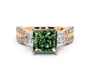 3 Stone Engagement Ring Setting for Fancy Green Princess Cut Center with Pave Twist Band and Prong Head in Rose Gold