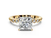 Solitaire Engagement Ring Setting for Princess Cut Center with Bezel-Dot Beaded Band and Prong Head in Yellow Gold