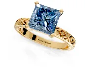 Solitaire Engagement Ring Setting for Fancy Blue Princess Cut Center with Milgrain X Pattern Band and Prong Head in Yellow Gold