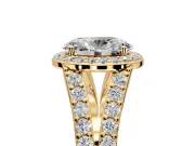 Halo Engagement Ring Setting for Oval Center with Narrow Pave Split Shank and Prong Head in Yellow Gold