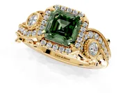 Milgrain Halo Engagement Ring Setting for Fancy Green Asscher Cut Center with Shoulder Bezels and Prong Head in Yellow Gold