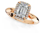 Halo Engagement Ring Setting for Emerald Cut Center with Tapered Plain Band and Prong Head in Rose Gold
