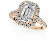 Halo Engagement Ring Setting for Emerald Cut Center with Narrowing Pave Band and Prong Head in Rose Gold