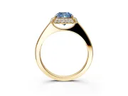 Halo Engagement Ring Setting for Fancy Blue Cushion Cut Center with Plain Tapered Band and Prong Head in Yellow Gold