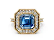 Halo Engagement Ring Setting for Fancy Blue Asscher Cut Center with Milgrain Frame, Pave Band and Prong Head in Yellow Gold