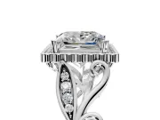 Halo Engagement Ring Setting for Princess Cut Center with Leaf Motif Split Shank and Prong Head in Platinum