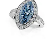 Bezel-Framed Halo Engagement Ring Setting for Fancy Blue Marquise Center with Pave Band and Prong Head in Sterling Silver