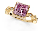 Milgrain Bezel Engagement Ring Setting for Fancy Pink Princess Cut Center with Marquise Stations and Bezel Head in Yellow Gold