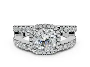 Halo Engagement Ring Setting for Cushion Cut Center with Wide-Open Pave Split Shank and Prong Head in Platinum