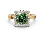 Starburst Halo Engagement Ring Setting for Fancy Green Cushion Cut Center with Flat Cathedral Band and Prong Head in Yellow Gold