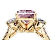 3 Stone Engagement Ring Setting for Fancy Pink Princess Cut Center with Crossover Basket, Pave Band and Prong Head in Yellow Gold