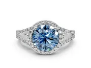 Halo Engagement Ring Setting for Fancy Blue Round Cut Center with Pave Split Shank and Prong Head in White Gold