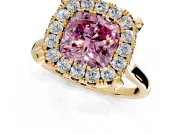 Single Halo Engagement Ring Setting for Fancy Pink Cushion Cut Center with Corner Claws, Plain Band and Prong Head in Yellow Gold