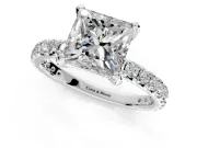 Solitaire Engagement Ring Setting for Princess Cut Center with Shared-Prong Accents and Prong Head in Platinum