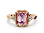 Cluster Engagement Ring Setting for Fancy Pink Emerald Cut Center with Milgrain Shoulder Clusters and Prong Head in Rose Gold