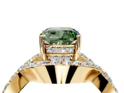 Halo Engagement Ring Setting for Fancy Green Cushion Cut Center with Pave Infinity Twist Band and Prong Head in Yellow Gold