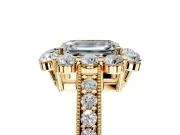 Halo Engagement Ring Setting for Emerald Cut Center with Milgrain Channel Band and Prong Head in Yellow Gold