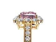 Halo Engagement Ring Setting for Fancy Pink Princess Cut Center with Milgrain Channel Band and Prong Head in Yellow Gold