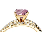Solitaire Engagement Ring Setting for Fancy Pink Cushion Cut Center with Woven 3-Strand Pave Band and Prong Head in Yellow Gold
