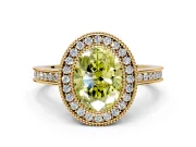 Halo Engagement Ring Setting for Fancy Yellow Oval Center with Milgrain Halo, Pave Band and Prong Head in Yellow Gold