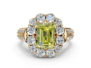 Large Accent Halo Engagement Ring Setting for Fancy Yellow Emerald Cut Center with Pave Split Shank and Prong Head in Yellow Gold
