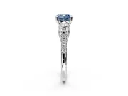 3 Stone Engagement Ring Setting for Fancy Blue Cushion Cut Center with Crossover Basket, Pave Band and Prong Head in White Gold