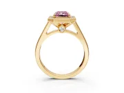 Halo Engagement Ring Setting for Fancy Pink Radiant Cut Center with Outer Bezel Rim, Pave Band and Prong Head in Yellow Gold