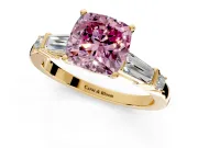 Bar-Set Engagement Ring Setting for Fancy Pink Cushion Cut Center with Tapered Baguette Accents and Prong Head in Yellow Gold