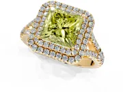 Double Halo Engagement Ring Setting for Fancy Yellow Princess Cut Center with Narrow Pave Split Shank and Prong Head in Yellow Gold