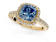 Halo Engagement Ring Setting for Fancy Blue Cushion Cut Center with Inner Milgrain Border and Prong Head in Yellow Gold